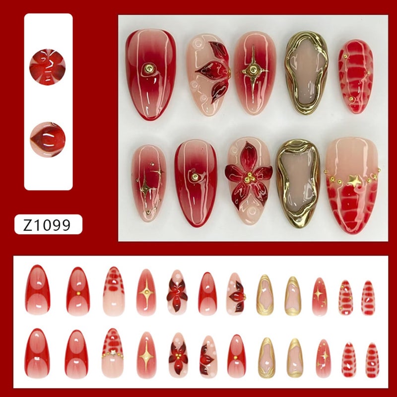 CJDLTS 24Pcs 3D Flower Fake Nail Medium Almond Gold Stars Rhinestones Lines Design Stick on Nails Full Cover Reusable Coffin Press on Nails Artificial Acrylic Fingernails for Women Manicure - Image 3